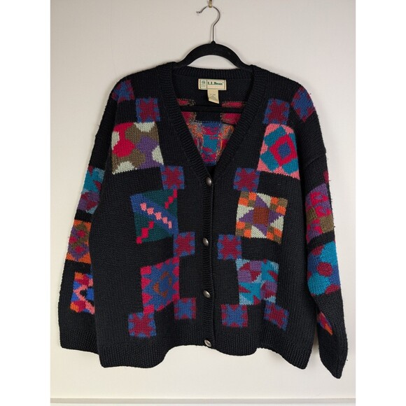 Vintage LL Bean Wool Sweater Cardigan Quilt Squares Black Size XL Grandma 80s - Picture 1 of 10